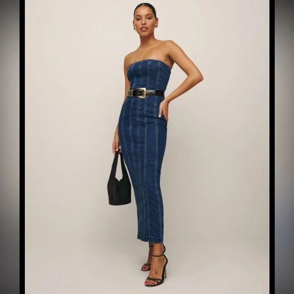Reformation Anais Strapless Denim Midi Dress - Picture 1 of 10